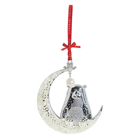 Tipperary Crystal Silver & Pearl Bear on Moon Hanging Decoration